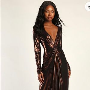 Lulus Shining babe brown metallic long sleeve twist front maxi dress. Worn once.